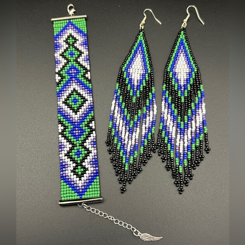 Loom Beaded Cuff Bracelet and Triangle Fringe Earrings Set